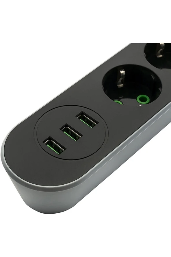 Jettpower 0366 Akım Korumalı 3 Usb'li 3'lü Grup Priz 2 M Uzatma Kablosu Siyah - 2