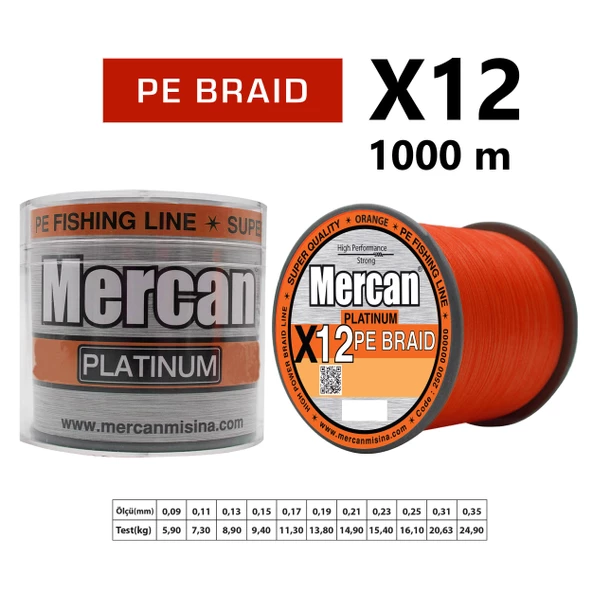 Mercan Pe Örgü Platinum X12 Turuncu İp 1000m Makara Misina - 7
