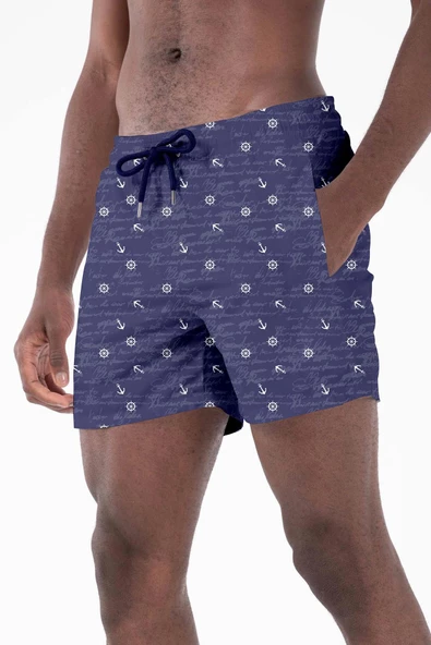 Su İtici Özellikli Dijital Baskılı Erkek Plaj Deniz Şort Mayo - 0204-Lacivert - Resim 2