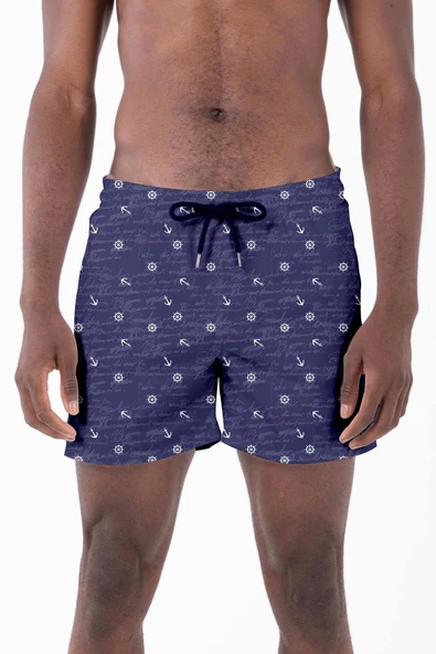 Su İtici Özellikli Dijital Baskılı Erkek Plaj Deniz Şort Mayo - 0204-Lacivert ürün görseli
