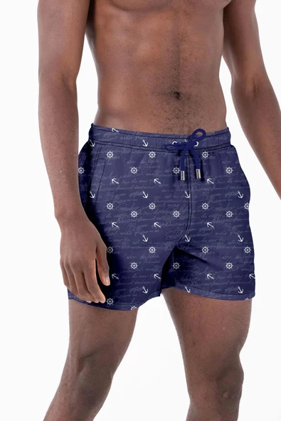 Su İtici Özellikli Dijital Baskılı Erkek Plaj Deniz Şort Mayo - 0204-Lacivert - Resim 3