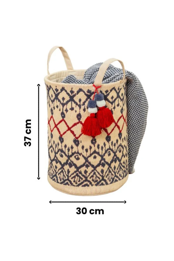 Kilim Yuvarlak Sepet, El çantası, Plaj Çantası 37x30 cm - Resim 4