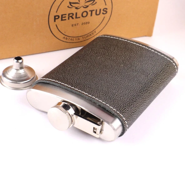 Perlotus El Dikişi Hakiki Gri Derili 8 Oz 240 cc Hunili Çelik Viski İçki Matarası - 2