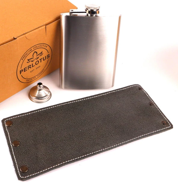 Perlotus El Dikişi Hakiki Gri Derili 8 Oz 240 cc Hunili Çelik Viski İçki Matarası - 5