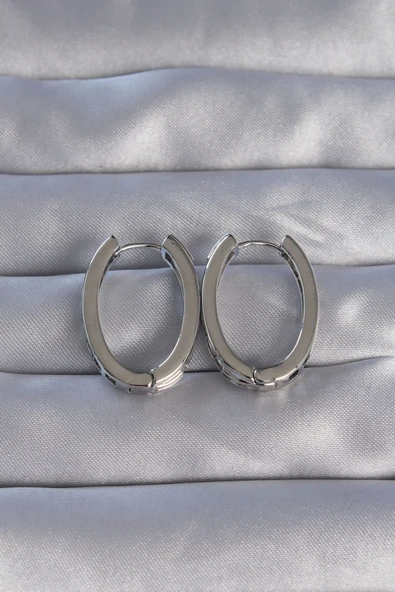 Pirinç Gümüş Renk Zirkon Taşlı Oval Model Küpe - TJ-BKP9078 - 2