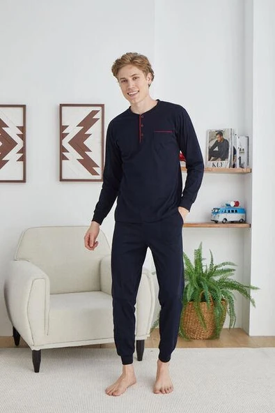 KLY Erkek Midi Yaka Uzun Kollu Pijama Takımı ürün görseli