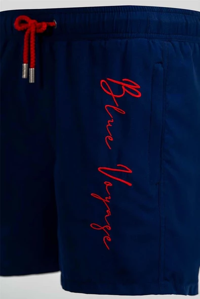 Lacivert Su İtici Özellikli Blue Voyage Nakışlı Erkek Plaj Deniz Şort Mayo - 303-Lacivert - Resim 5