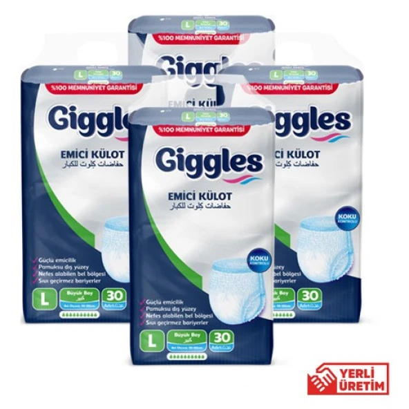 Giggles Yetişkin Emici Külot Bez  Büyük Boy (Large) 30'lu 4 Paket (120 Adet) Bel Boy 100-150 cm