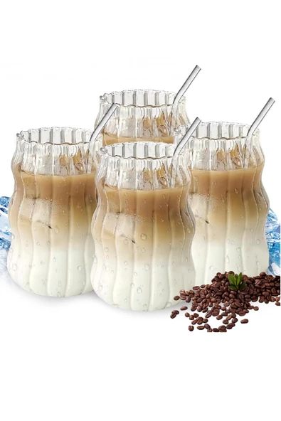 4lü Pipetli Kleemeiero Sunum Bardağı Meşrubat Kahve Soğuk İçecek Hediyelik Bardak 500ml - 4