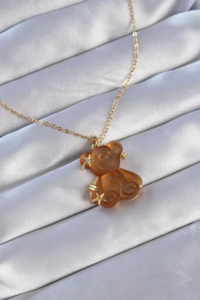 316L Çelik Zincirli Gold Renk Zirkon Taşlı Kahverengi Teddy Kolye - TJ-BKO8846