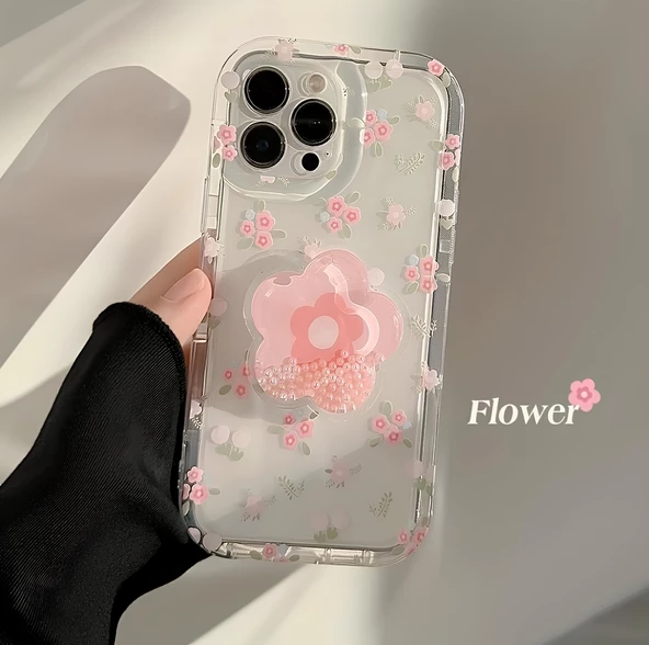 Çİçekli Popsocketli Kılıf iPhone 15 Pro