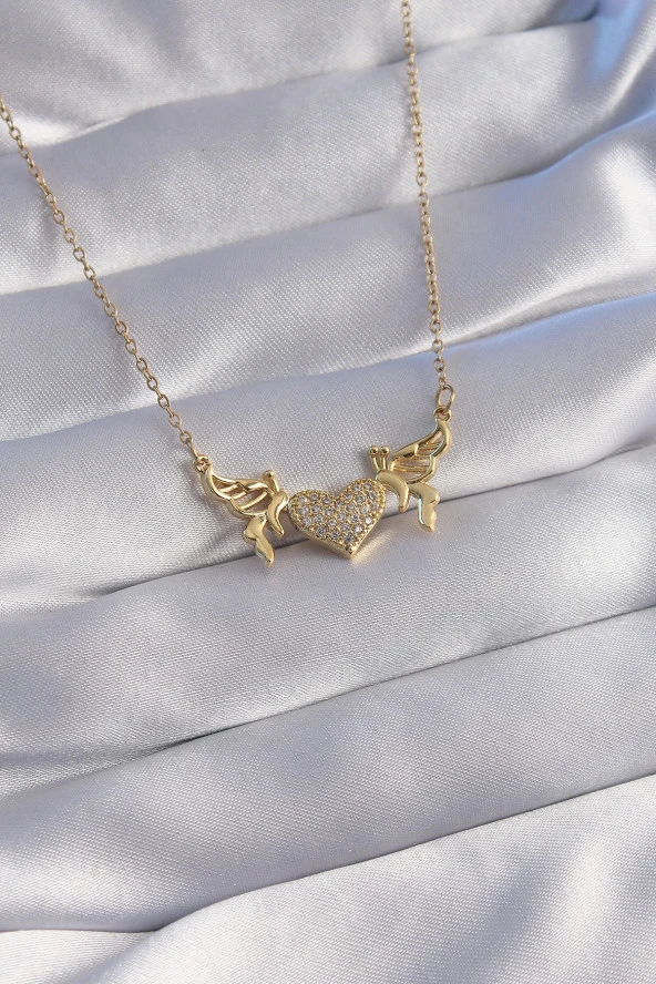 316L Çelik Zincir Gold Renk Zirkon Taşlı Kalp Model Kelebek Detay Kolye - EBJ270706W25101 ürün görseli