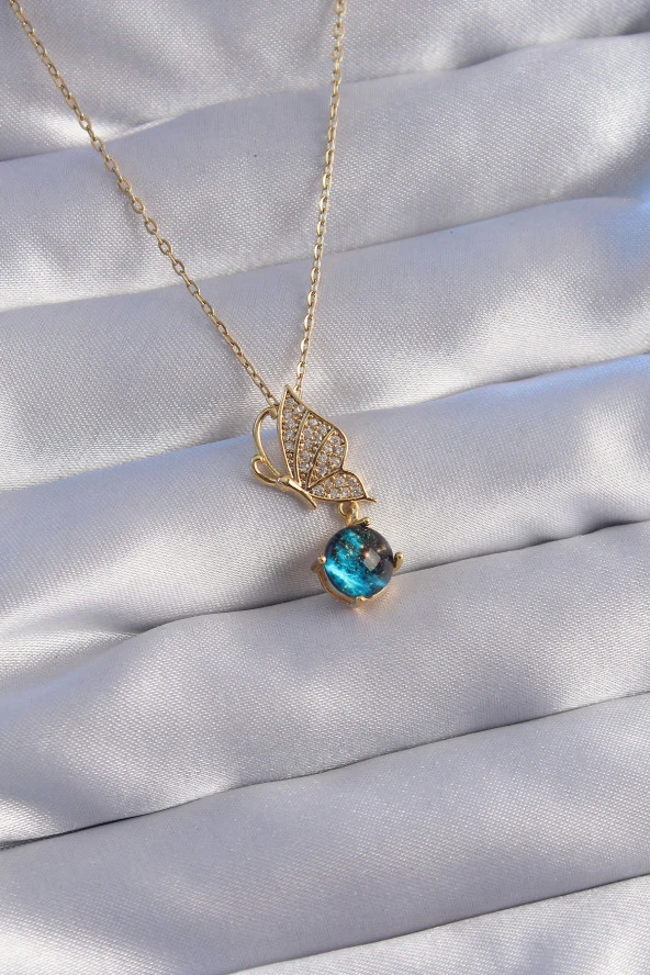 316L Çelik Zincir Gold Renk Zirkon Taşlı Kelebek Figürlü Gezegen Kolye - EBJ270706W25112 ürün görseli