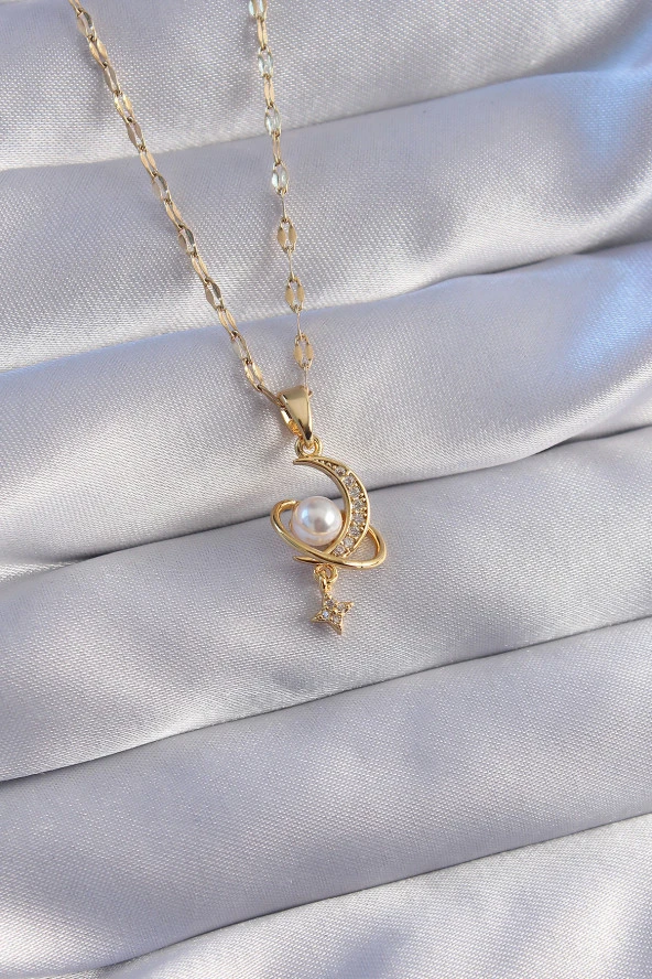 316L Çelik Zincir Gold Renk Zirkon Taşlı Sedefli Ay Figürlü Kolye - EBJ270706W25163 ürün görseli