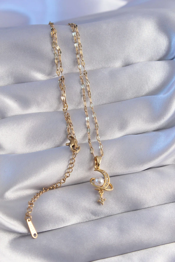 316L Çelik Zincir Gold Renk Zirkon Taşlı Sedefli Ay Figürlü Kolye - EBJ270706W25163 - Resim 2