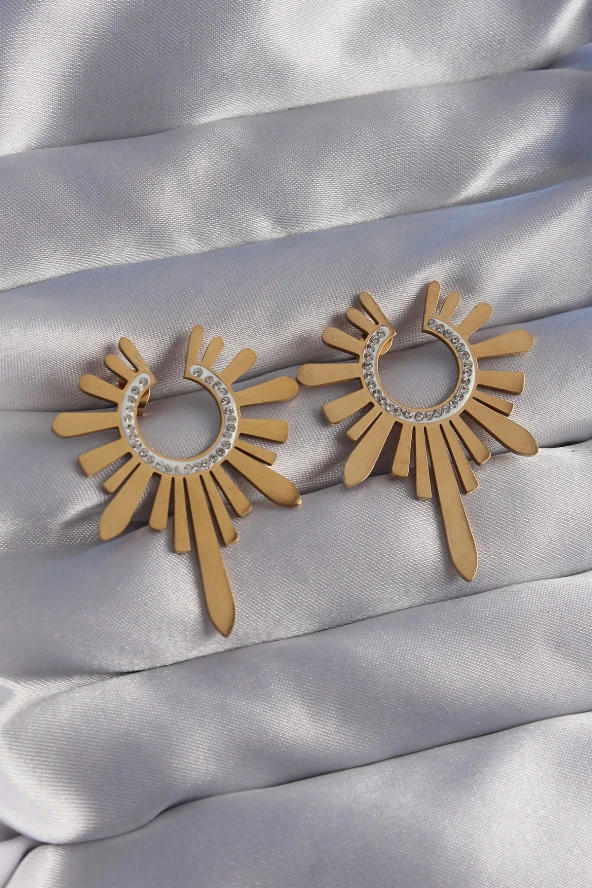 316L Çelik Gold Renk Zirkon Taşlı Güneş Figürlü Küpe - EBJ270706W25179 ürün görseli