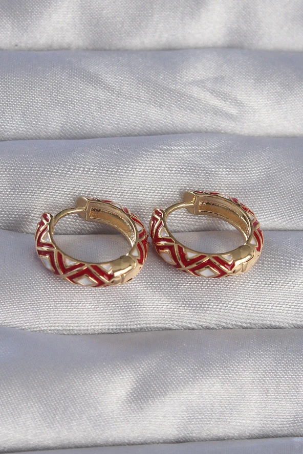Pirinç Gold Renk Kırmızı Etnik Desenli Halka Küpe - EBJ270706W25236 - Resim 2