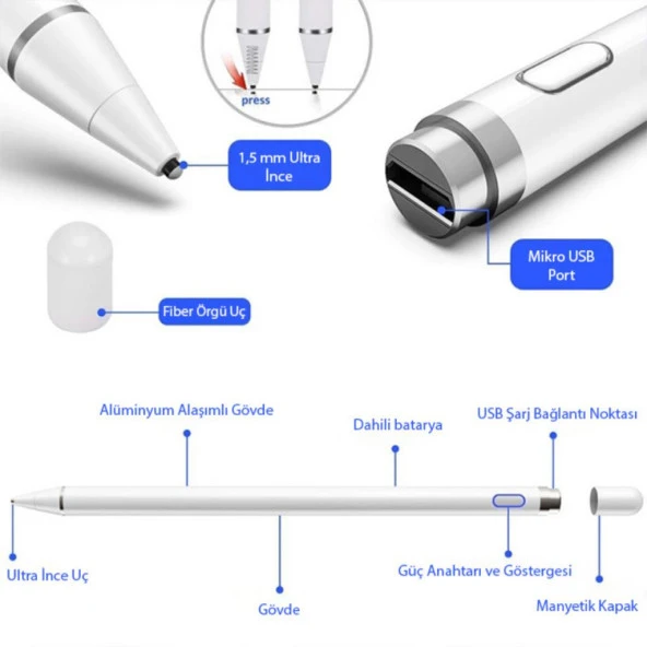 Coofbe Android Ve İos Uyumlu Dokunmatik Ekran Kalemi Kapasitif iPad Stylus Kalem Tüm Tabletlere Uyumlu - 4
