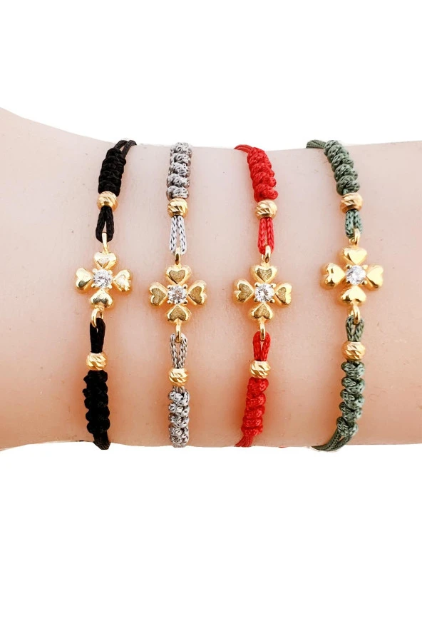 Gümüş altın yaldızlı zirkon taşlı dorica toplu siyah ipli yonca şans bileklik SGTL12523SIYAH ürün görseli