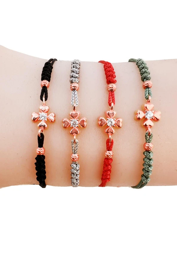 Gümüş rose zirkon taşlı dorica toplu kırmızı ipli yonca şans bileklik SGTL12525KIRMIZI ürün görseli