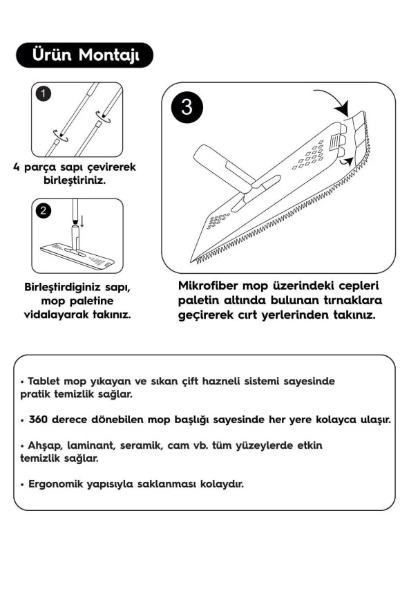 SMARTER GRİ TABLET MOP 4 ADET YEDEKLİ TEMİZLİK SETİ PASPAS - 3