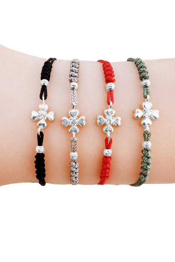 Gümüş rodyumlu zirkon taşlı dorica toplu yeşil ipli yonca şans bileklik SGTL12524YESIL - Resim 2