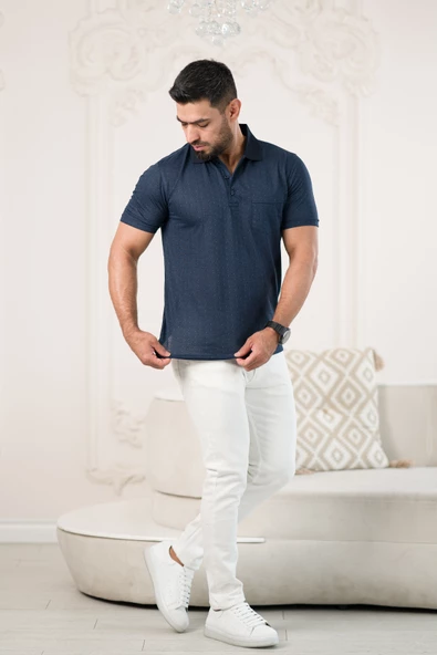 Regular Fit Yakalı Ve Cepli Desenli Erkek Klasik T-shirt - Resim 4