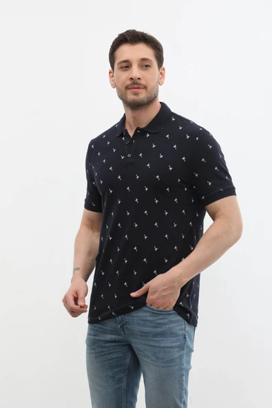 Erkek Polo Yaka Yaprak Desenli %100 Pamuk Tişört - 7