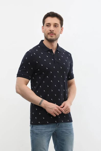 Erkek Polo Yaka Yaprak Desenli %100 Pamuk Tişört - 10