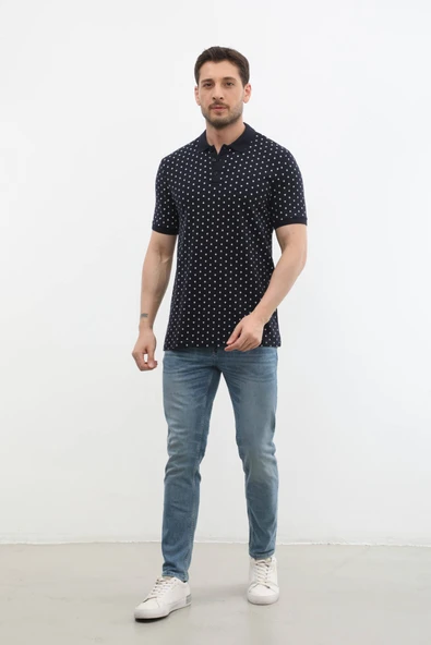 Erkek Polo Yaka Marin Desenli %100 Pamuk Tişört - 7