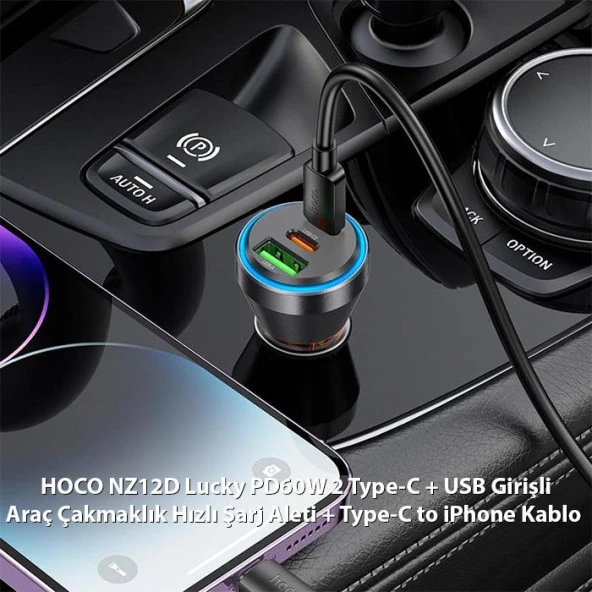 HOCO NZ12D Lucky PD60W 2 Type-C + USB Girişli Araç Çakmaklık Hızlı Şarj Aleti + Type-C to iPhone Kablolu 1Metre Turuncu - Resim 4