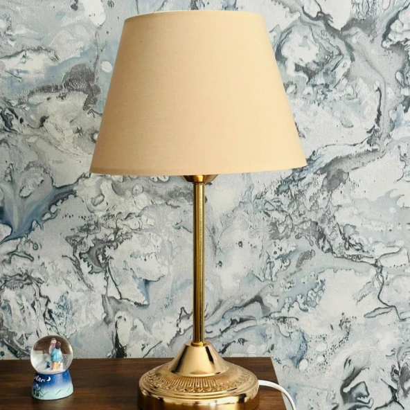 Royal Gold Metal Ayaklı Abajur Sütlü Kahve Kumaş Başlık Yatak Odası Abajur Salon Masa Lambası - 3