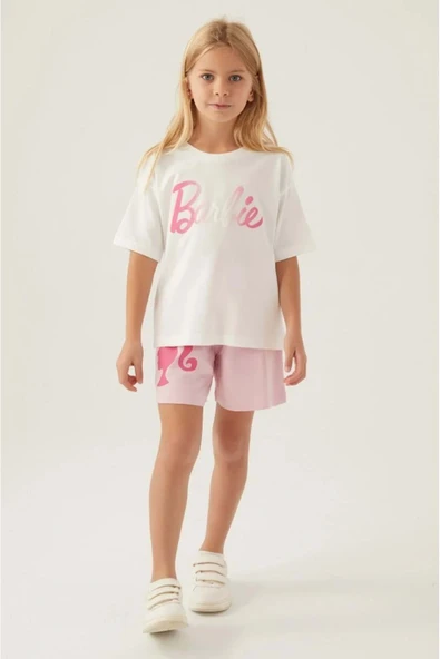 ARNETTA Lisanslı L1703 Patterned T-shirt Ve Şort Alt Üst Kız Çocuk Takımı Krem - Resim 4