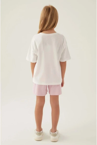 ARNETTA Lisanslı L1703 Patterned T-shirt Ve Şort Alt Üst Kız Çocuk Takımı Krem - Resim 5