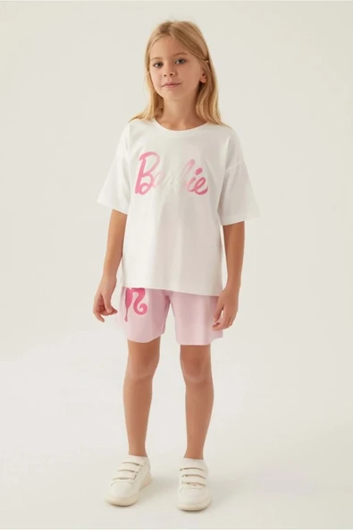 ARNETTA Lisanslı L1703 Patterned T-shirt Ve Şort Alt Üst Kız Çocuk Takımı Krem - Resim 3