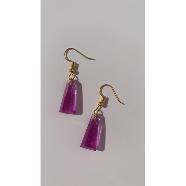 Mor Lila Renkli Sedefli Parlak Gold Aksesuarlı Piramit Şekil Sallantılı Epoksi Küpe Hediyelik - 2