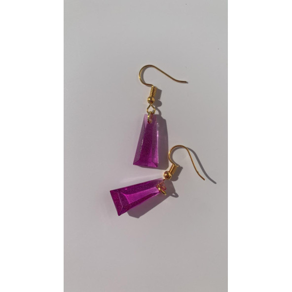 Mor Lila Renkli Sedefli Parlak Gold Aksesuarlı Piramit Şekil Sallantılı Epoksi Küpe Hediyelik - 7