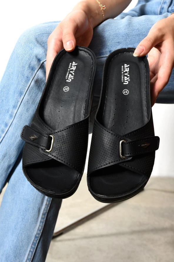 Albishoes Kadın Topuklu 4,5 Cm Cırtlı Yumuşak Rahat Taban Günlük Kullanım Anatomik Kadın Terlik - 4