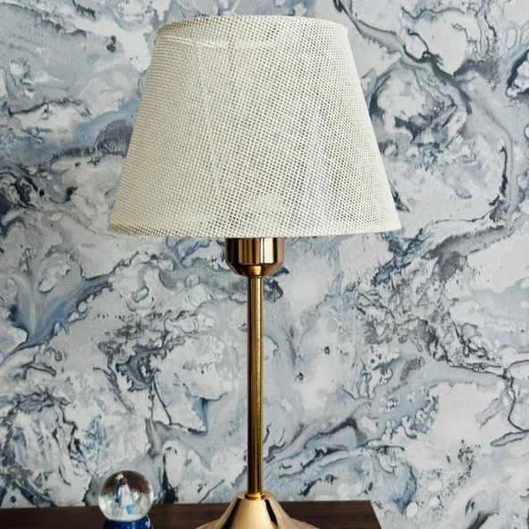 Royal Gold Metal Ayaklı Abajur Krem Hasır Kaplama Başlık Yatak Odası Abajur Salon Masa Lambası - Resim 2