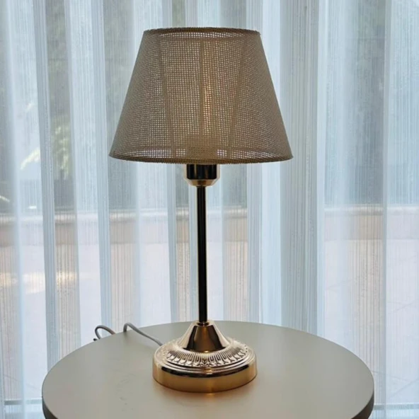 Royal Gold Metal Ayaklı Abajur Krem Hasır Kaplama Başlık Yatak Odası Abajur Salon Masa Lambası - Resim 6