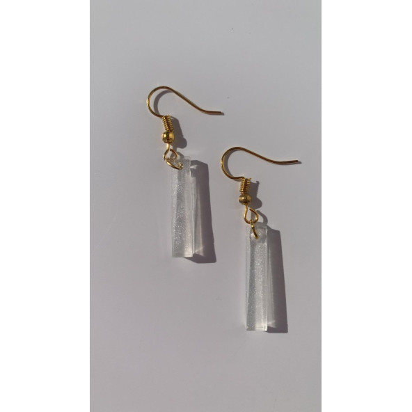 Şeffaf Renkli Beyaz Sedefli Parlak Gold Aksesuarlı Çubuk Şekilli Sallantılı Epoksi Küpe Hediyelik - Resim 3