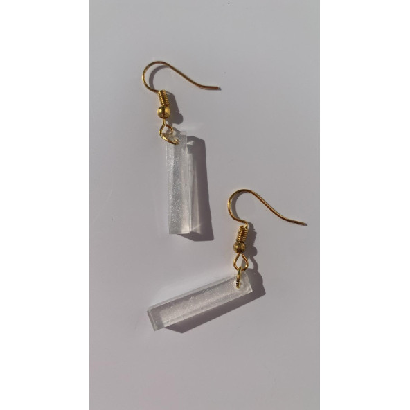 Şeffaf Renkli Beyaz Sedefli Parlak Gold Aksesuarlı Çubuk Şekilli Sallantılı Epoksi Küpe Hediyelik - Resim 6