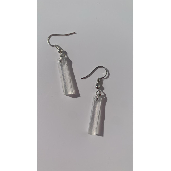 Şeffaf Renkli Beyaz Sedefli Parlak Gümüş Aksesuarlı Çubuk Şekilli Sallantılı Epoksi Küpe Hediyelik - Resim 5