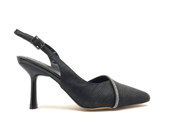 Feles Saten Şerit Taşlı Arkası Açık Stiletto Kadın Topuklu Ayakkabı - 4