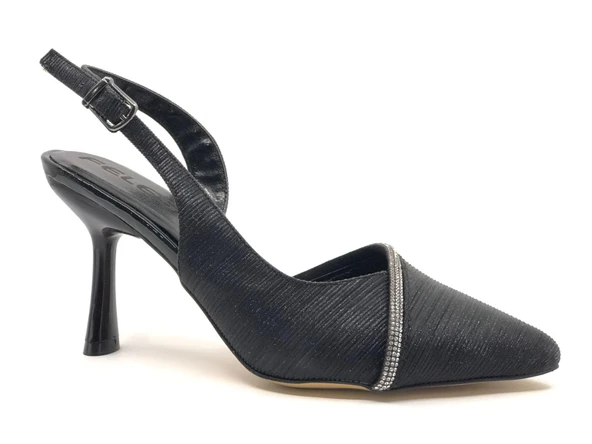 Feles Saten Şerit Taşlı Arkası Açık Stiletto Kadın Topuklu Ayakkabı - 8