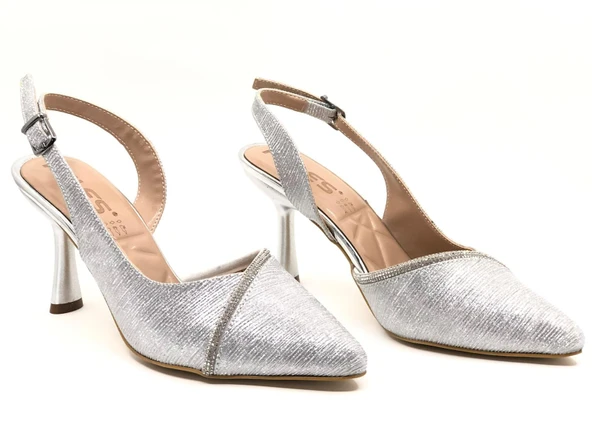 Feles Saten Şerit Taşlı Arkası Açık Stiletto Kadın Topuklu Ayakkabı ürün görseli