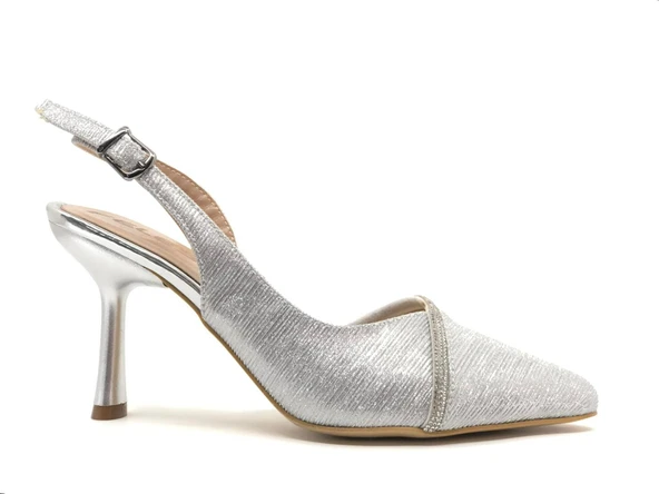 Feles Saten Şerit Taşlı Arkası Açık Stiletto Kadın Topuklu Ayakkabı - 15