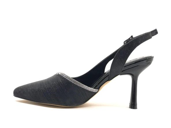 Feles Saten Şerit Taşlı Arkası Açık Stiletto Kadın Topuklu Ayakkabı - 9
