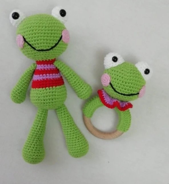 Sevimli Kurbağa ve Çıngırak Set Amigurumi Organik Oyuncak
