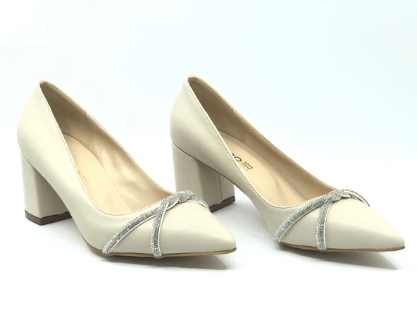 Mehtap Örgü Taş Dekolteli Kalın Topuk Kadın Topuklu Ayakkabı Sitiletto - Resim 23